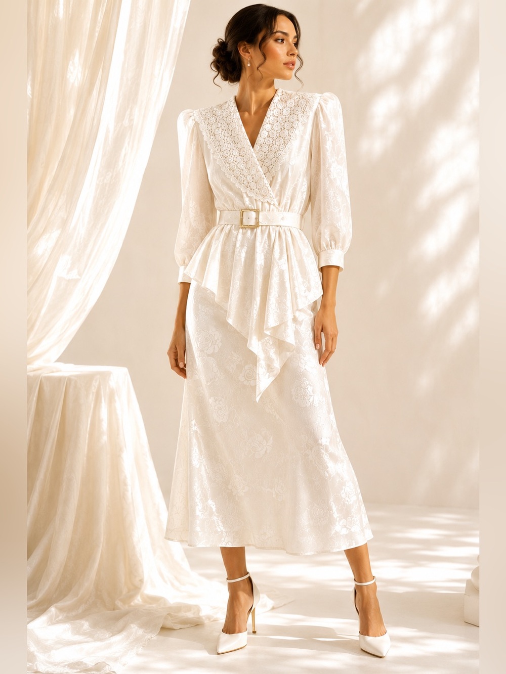 Vintage 80s Romantic Wedding Peplum Dress Lace Collar Belted Size 9